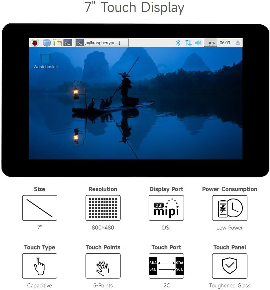 Waveshare 7 tuuman kosketusnäyttö Raspberry Pi 5:lle, 4B:lle, Raspberry Pi 3B+/3B/3A+:lle, CM3/3+/4:lle ja VisionFive2 Core3566:lle, 800 × 480 resoluutio DSI-liitännällä