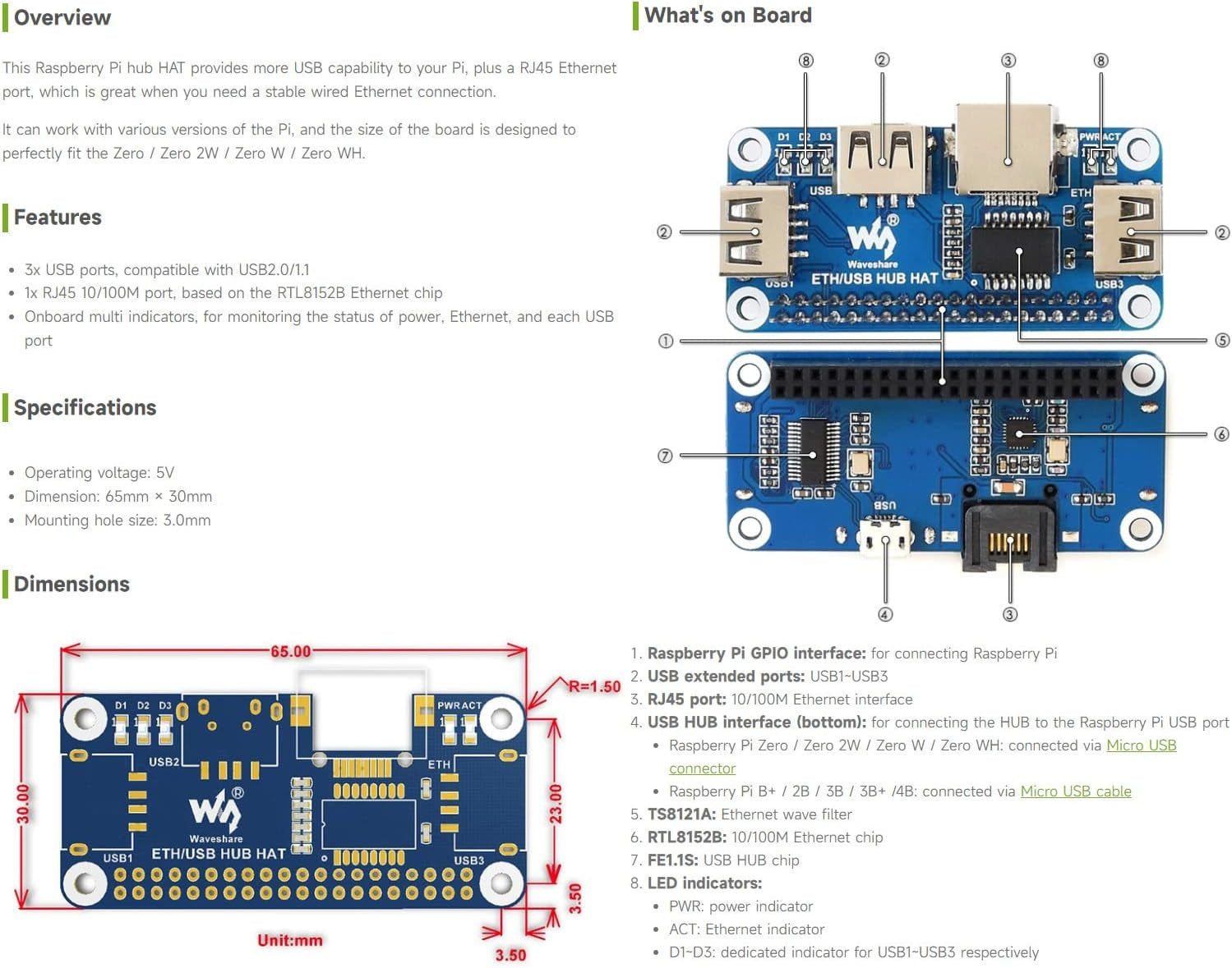 Waveshare Ethernet/USB HUB HAT Raspberry Pi:lle 1x RJ45 Ethernet-portti 3x USB-porttia Yhteensopiva USB 2.0/1.1 kanssa Sopii Zero/Zero W/Zero WH