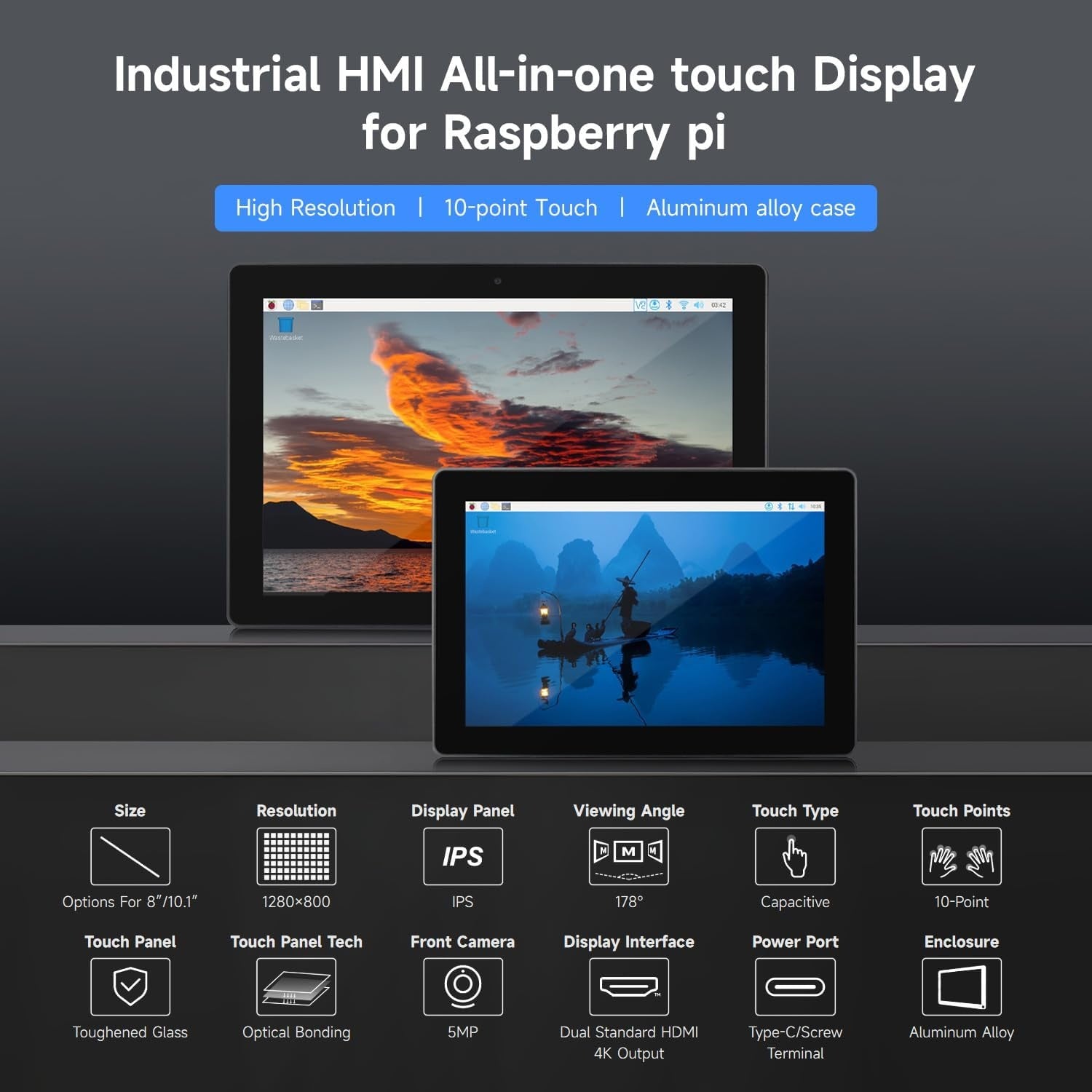 Waveshare teollisuustason HMI all-in-one 10,1" kosketusnäyttö, yhteensopiva Raspberry Pi 4:n kanssa (sisältyy), tukee kaksinkertaista 4K HDMI -ulostuloa