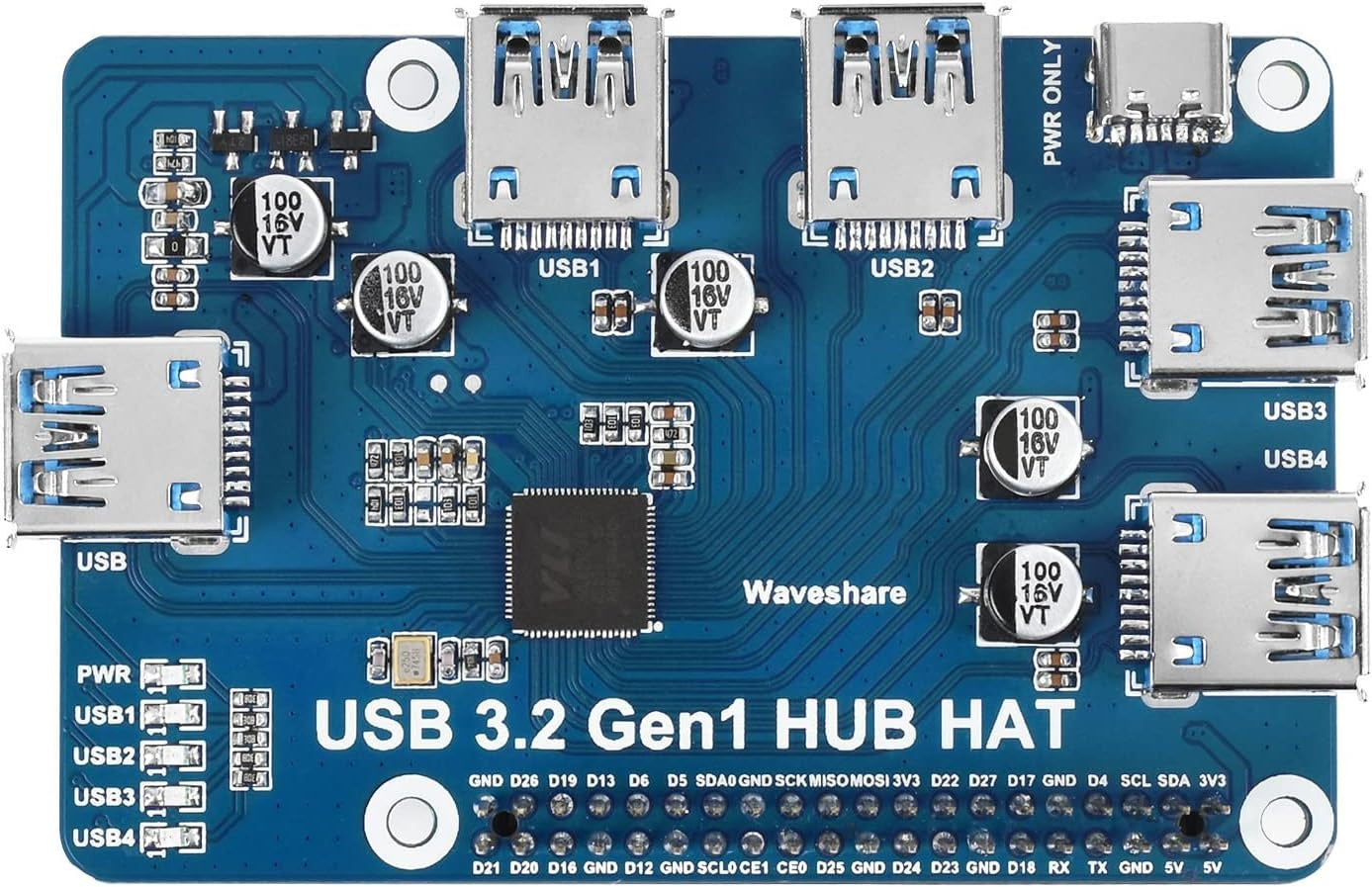 Waveshare USB 3.2 Gen1 HUB HAT Raspberry Pi 4:lle, 4x USB 3.2 Gen1 -porttia, jopa 5 Gbps