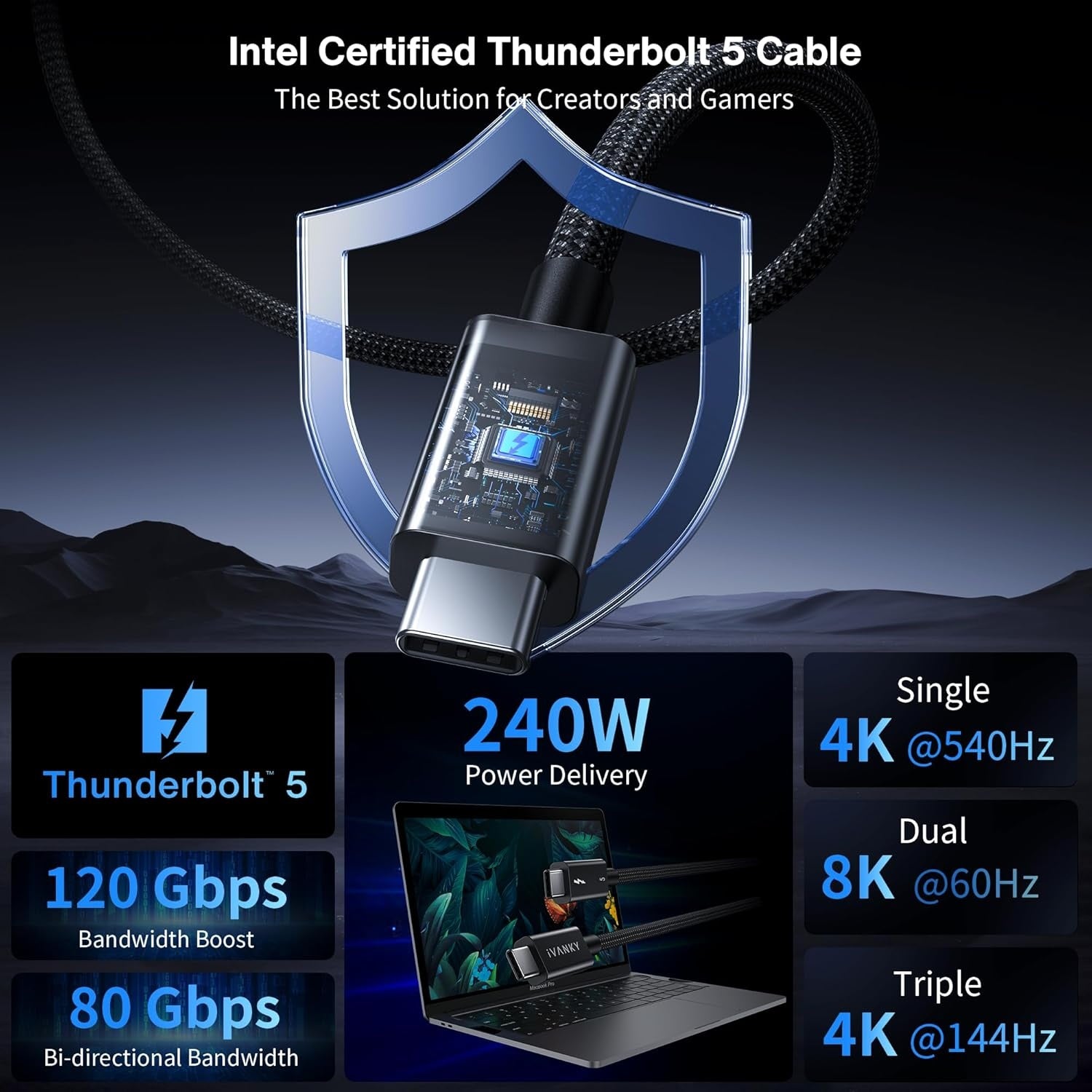 iVANKY Thunderbolt 5 -kaapeli 1m Intel-sertifioitu, 80Gbps tiedonsiirto, 120Gbps kaistanleveys, 240W lataus, Kaksi 8K-näyttöä, Yhteensopiva MacBook M4 TB4/DP2.1/USB4 kanssa