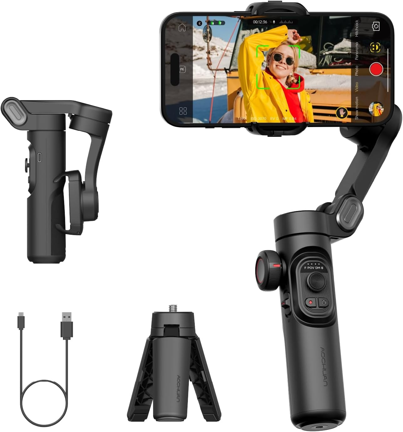 Käsikäyttöinen 3-akselinen puhelin-stabilisaattori Taitettava gimbal iPhone- ja Android-laitteille Fokusrulla ja kasvo-/kohdesuunnannus