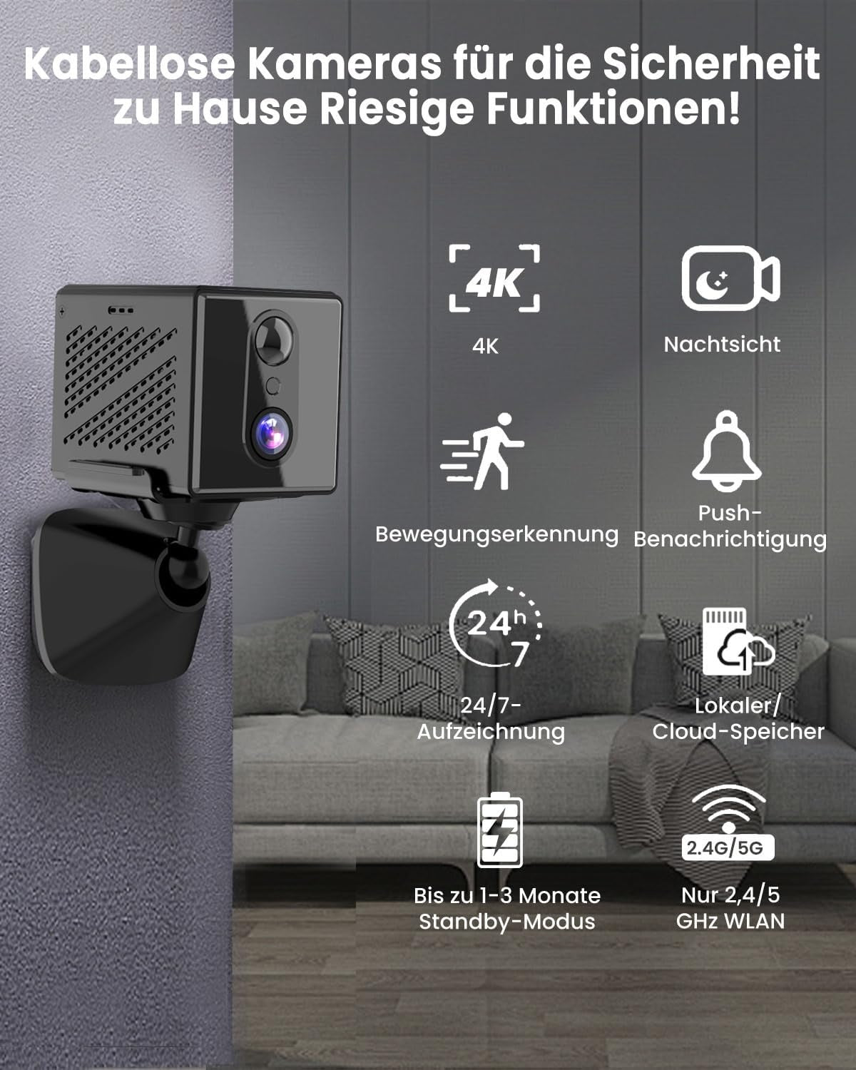 4K Valvontakamera 5GHz WiFi Mini-kamera, Yönäkö, Liiketunnistin, Pitkä akunkesto, Etäkatselu