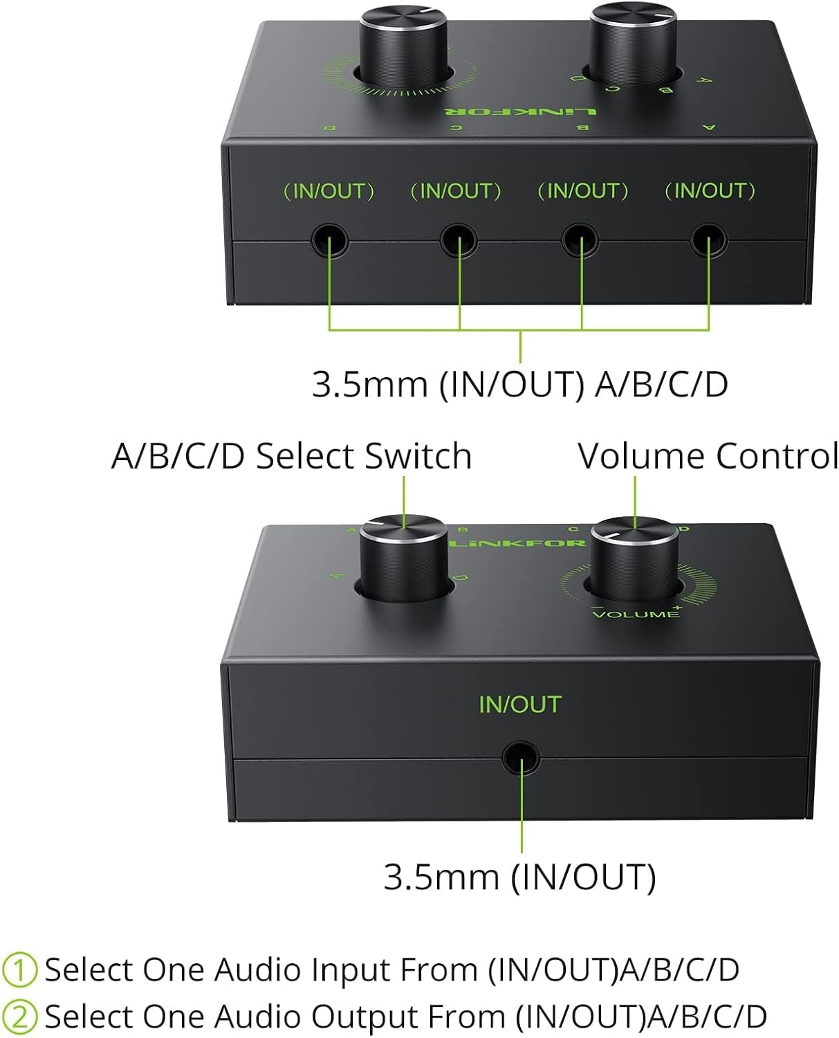 NÖRDIC 3,5 mm Stereo Switch 4-porttinen äänenvoimakkuussäätimellä
