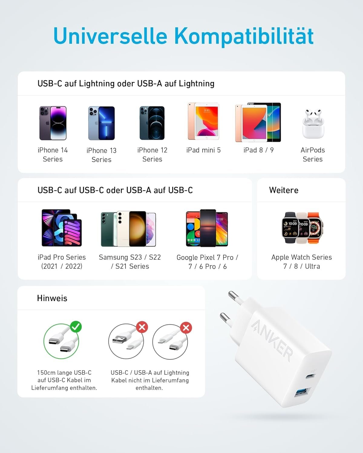 ANKER USB-C Laturi, 2 porttia, 1xUSB-C ja 1xUSB-A, 20W Pikalataus 150 cm USB-kaapelilla