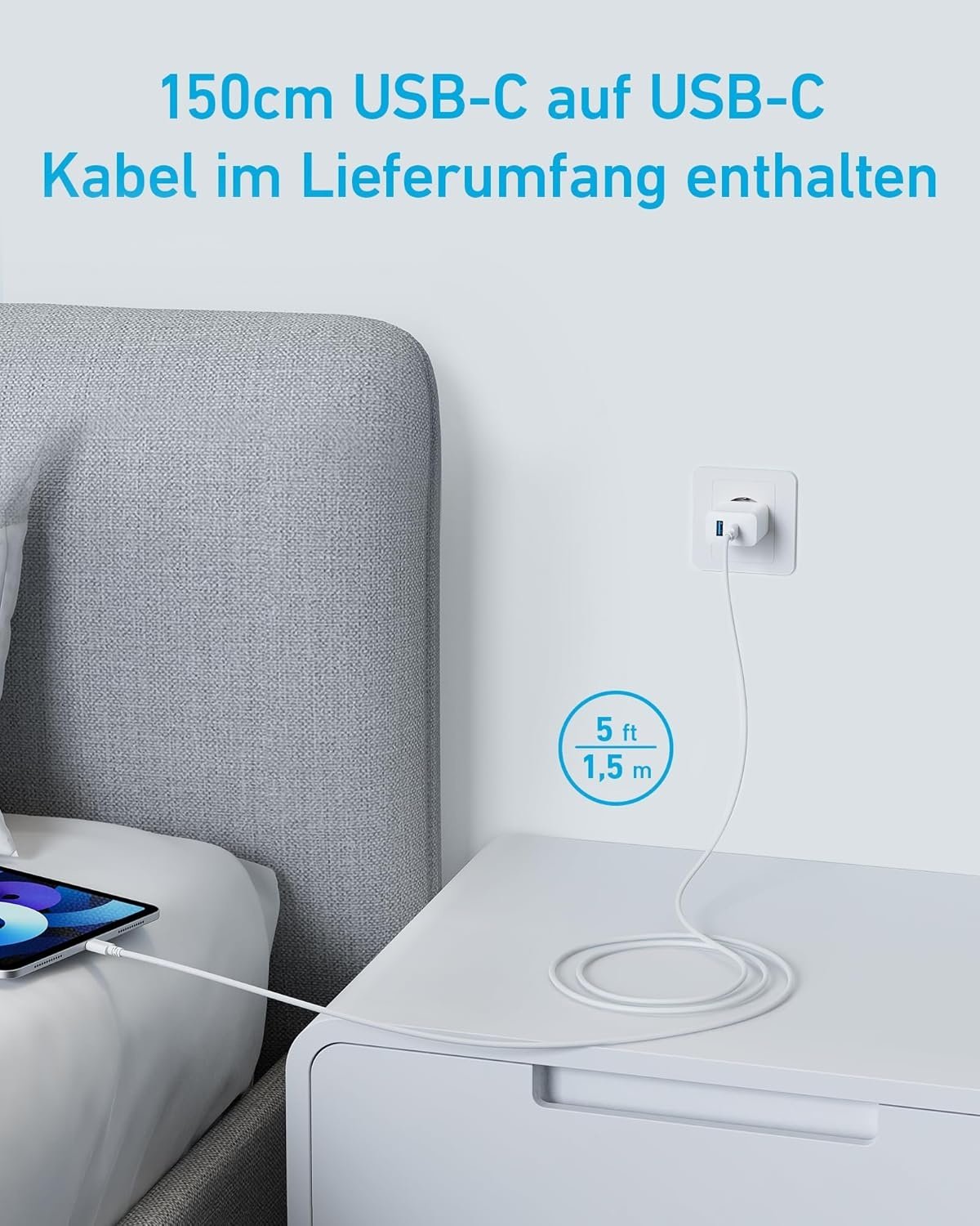 ANKER USB-C Laturi, 2 porttia, 1xUSB-C ja 1xUSB-A, 20W Pikalataus 150 cm USB-kaapelilla