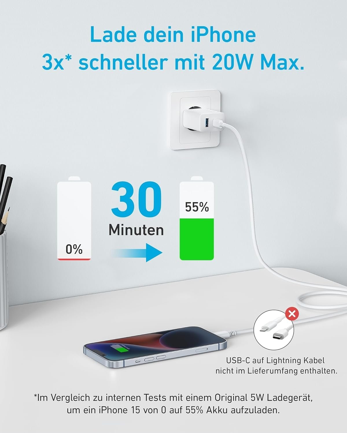 ANKER USB-C Laturi, 2 porttia, 1xUSB-C ja 1xUSB-A, 20W Pikalataus 150 cm USB-kaapelilla