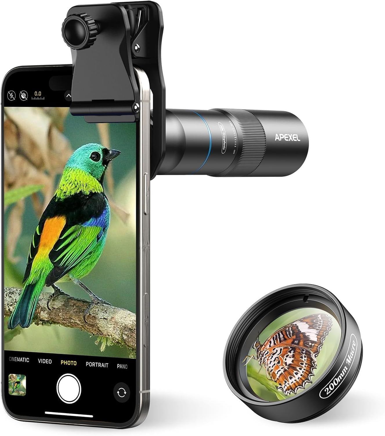 APEXEL 10X Tele-Macro Pro Dual Lens 2-in-1, kannettava tele- ja makro-objektiivi klipsikiinnityksellä älypuhelimille