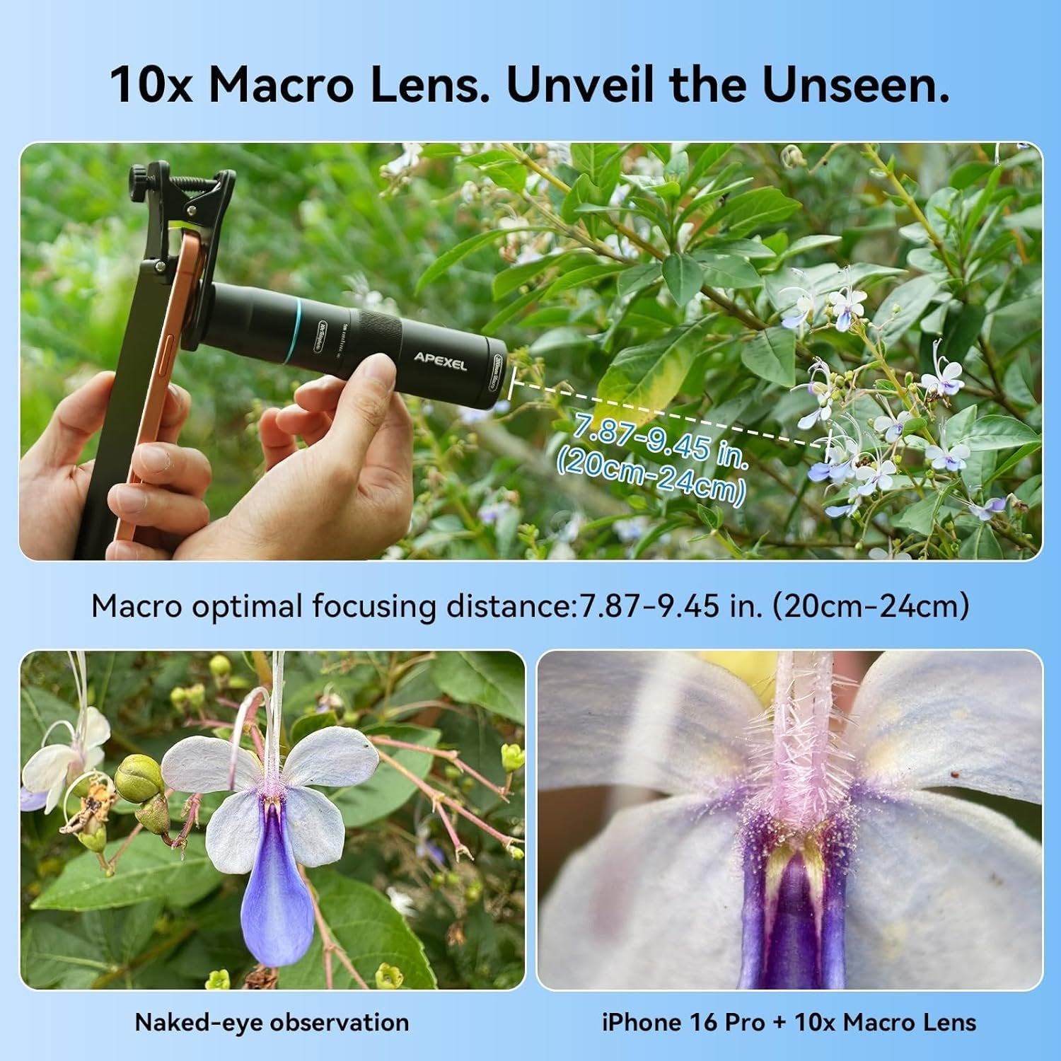 APEXEL 10X Tele-Macro Pro Dual Lens 2-in-1, kannettava tele- ja makro-objektiivi klipsikiinnityksellä älypuhelimille