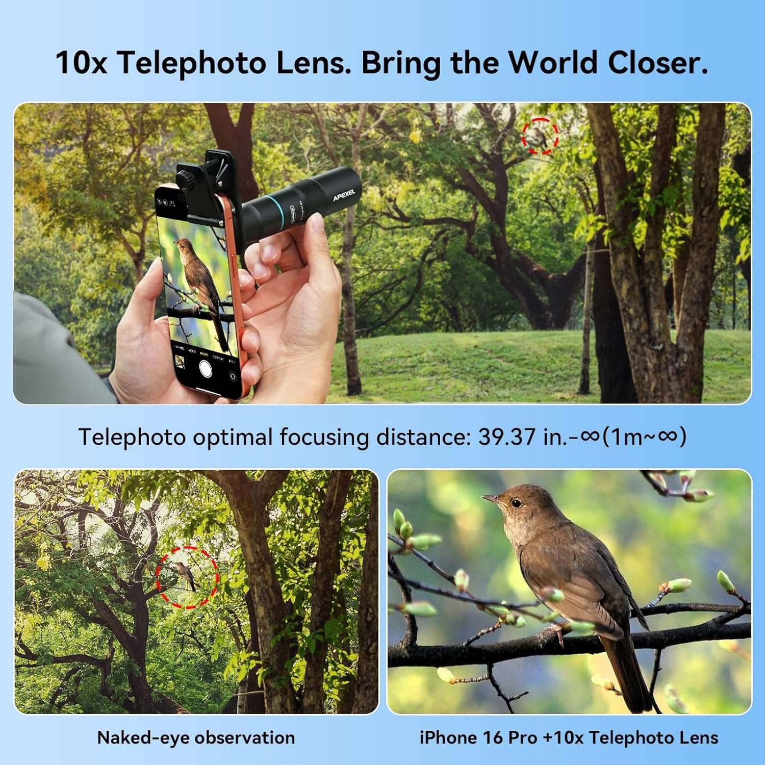 APEXEL 10X Tele-Macro Pro Dual Lens 2-in-1, kannettava tele- ja makro-objektiivi klipsikiinnityksellä älypuhelimille