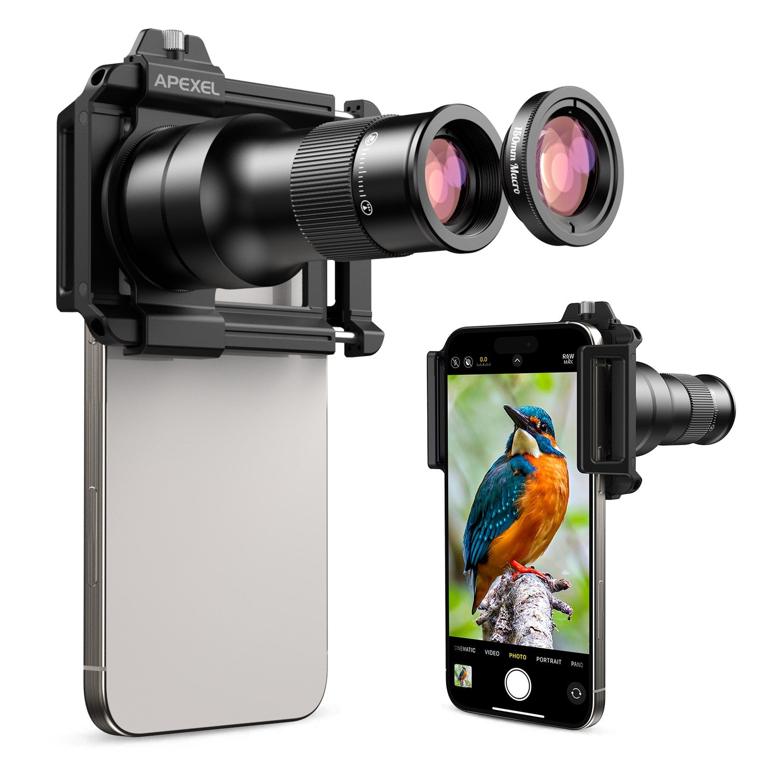 APEXEL 2-in-1 HD 6X Kiinteä Tarkennus Teleobjektiivi ja 150mm Makro-objektiivi Yleisklipsillä, Ammattilaispuhelimen Objektiivisarja