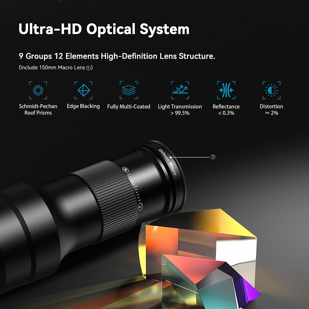 APEXEL 2-in-1 HD 6X Kiinteä Tarkennus Teleobjektiivi ja 150mm Makro-objektiivi Yleisklipsillä, Ammattilaispuhelimen Objektiivisarja