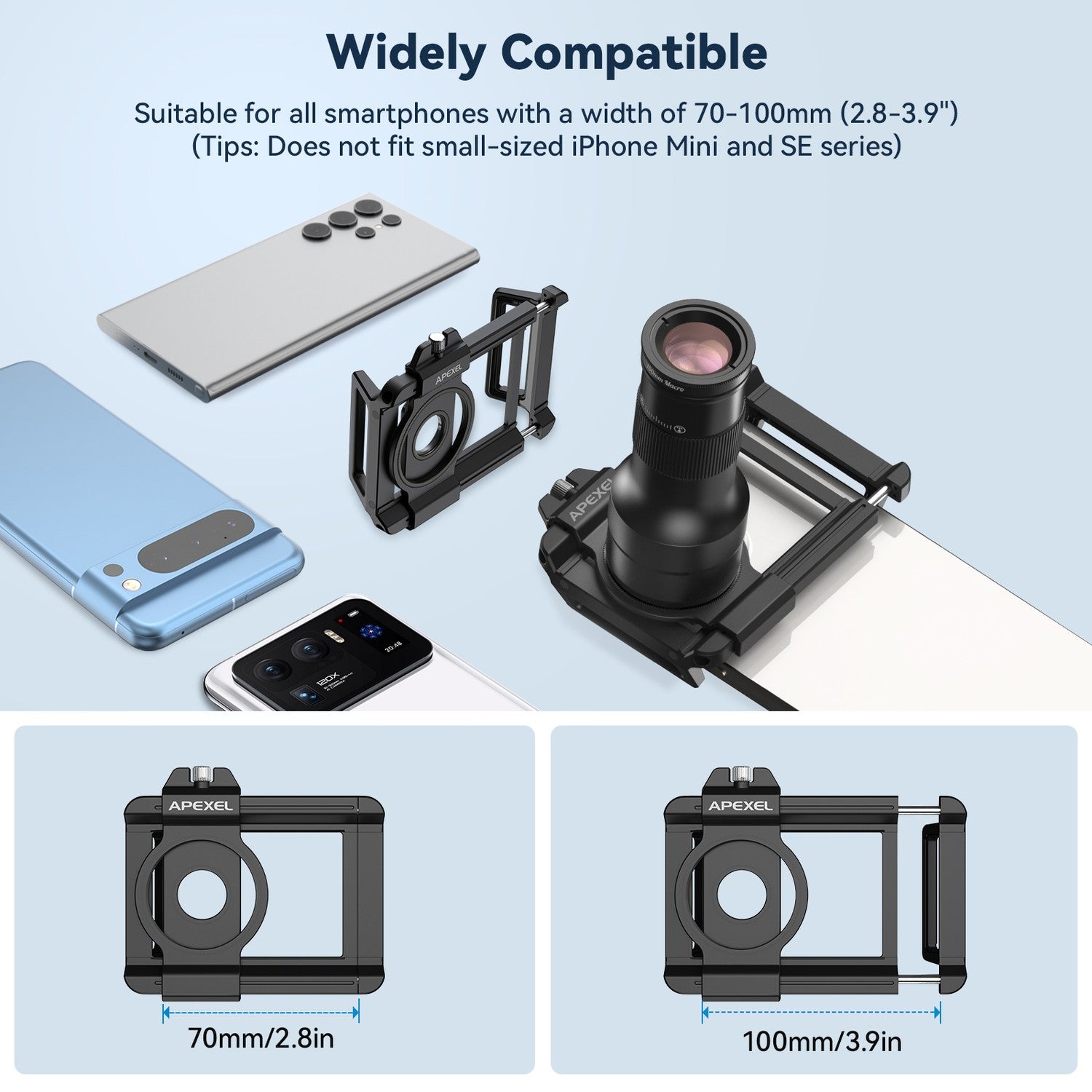 APEXEL 2-in-1 HD 6X Kiinteä Tarkennus Teleobjektiivi ja 150mm Makro-objektiivi Yleisklipsillä, Ammattilaispuhelimen Objektiivisarja