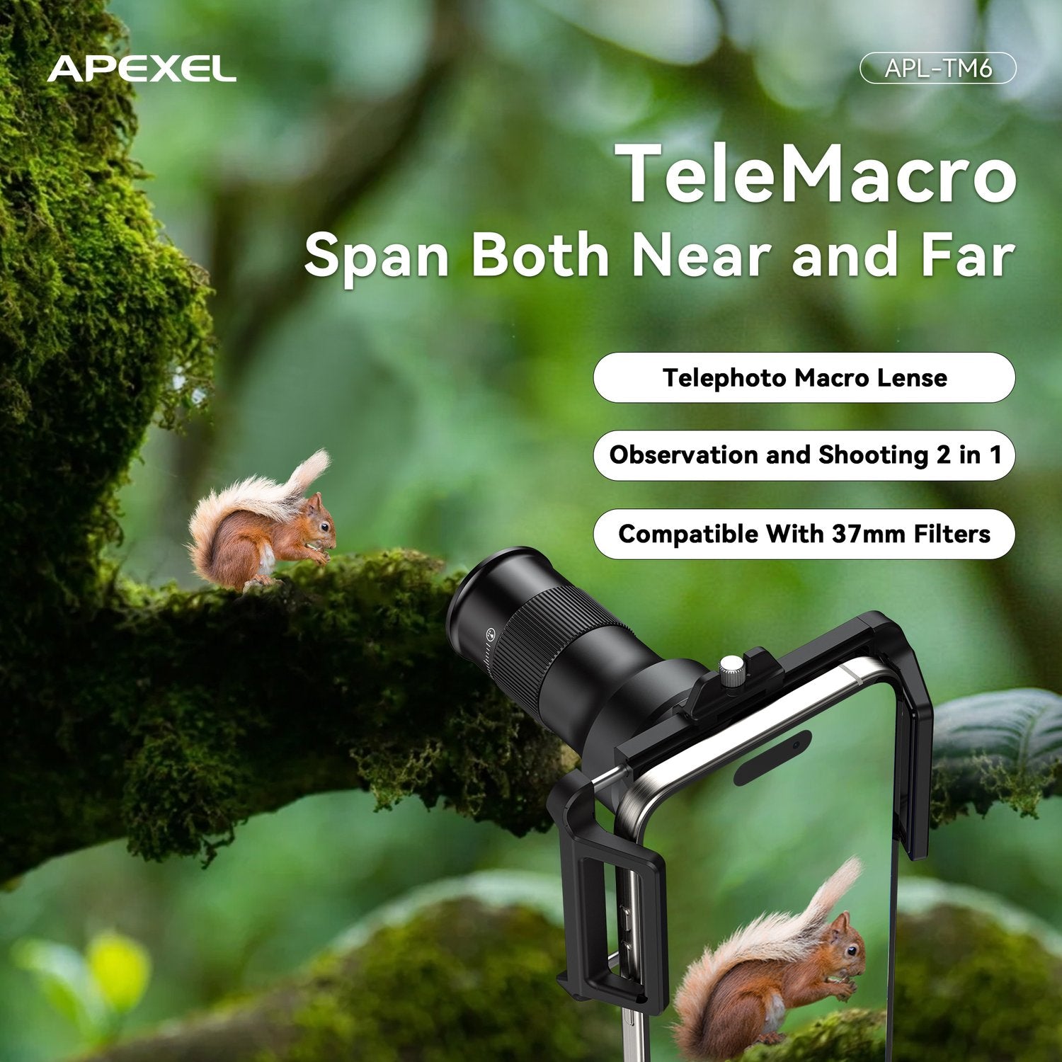 APEXEL 2-in-1 HD 6X Kiinteä Tarkennus Teleobjektiivi ja 150mm Makro-objektiivi Yleisklipsillä, Ammattilaispuhelimen Objektiivisarja
