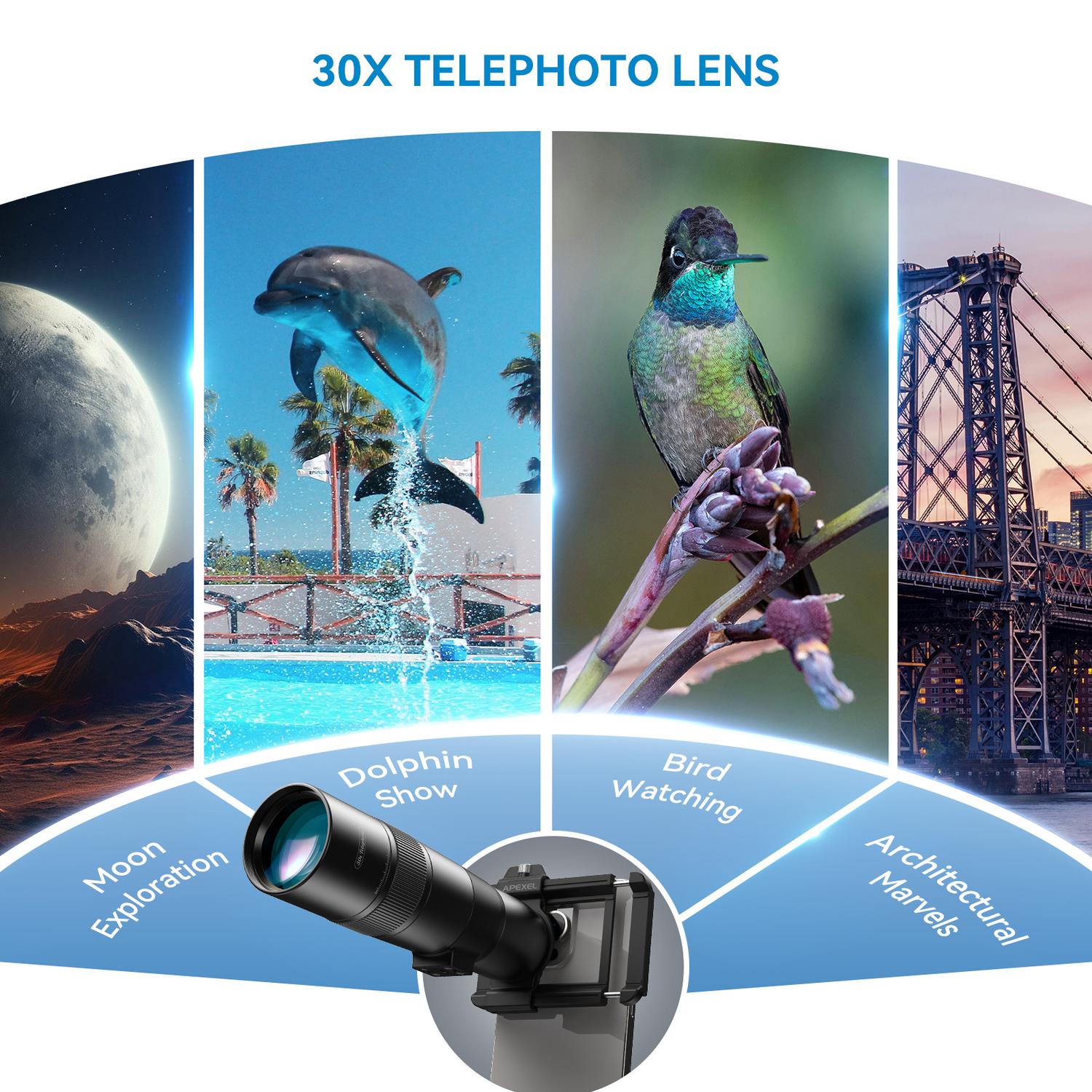 APEXEL 30x Super Teleobjektiivi, 720 mm Polttoväli Teleobjektiivi Älypuhelimelle, Ammattilaiskäyttöön