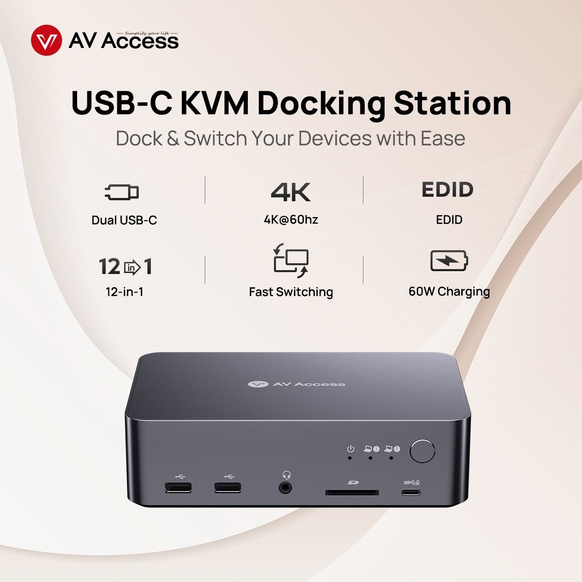 AV Access -telakointiasema ja KVM-kytkin 2 - 2 USB-C - HDMI, 4K60Hz, 6x USB-A, 1x USB-C PD 100W, 1x 3,5 mm AUX, 1x SD-kortinlukija, 2x60 W PD