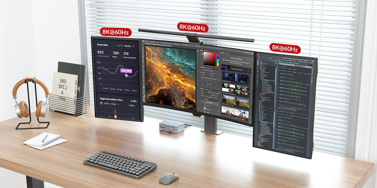 AV Access iDock B23 8K KVM-kytkin telakointiasema 2–3, pöytätietokone + kannettava tietokone kolmelle näytölle, (100W PD), 12-in-1, 8K@60Hz/4K@165Hz/1440P@240Hz
