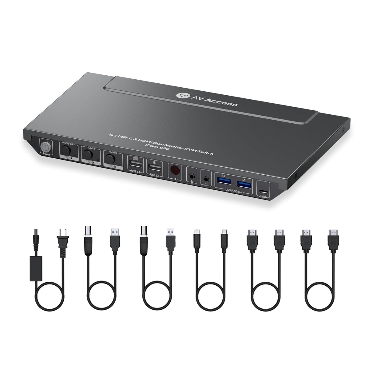 AV Access iDock B30 Telakointiasema ja KVM-kytkin 3–2, Dual 4K Monitor kannettavalle tietokoneelle + 2st pöytätietokonetta, 4K@60Hz, 5xUSB-A, 1G Ethernet, 65W lataus kannettavalle tietokoneelle, Ääni/Mikrofoni, EDID