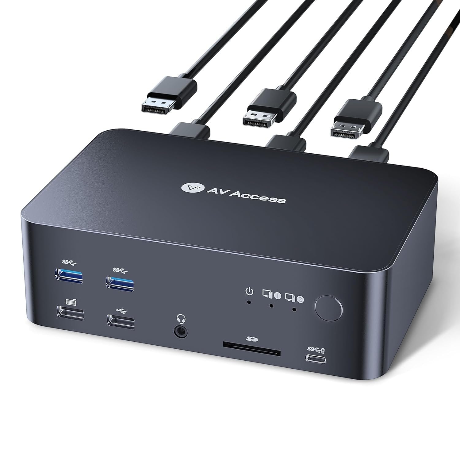 AV Access -telakointiasema ja KVM-kytkin 2–3 DP:stä DP:hen, 8K60Hz, 5x USB-A, 1x USB-C PD, 3,5 mm AUX, SD-korttipaikka ja 1 Gbps ethernet