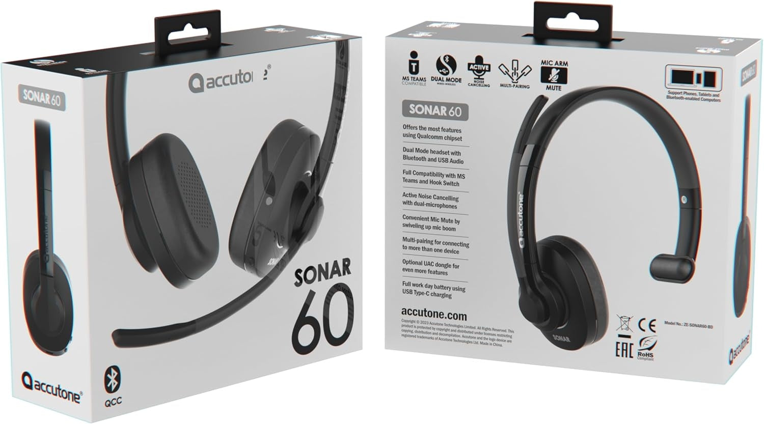Accutone Sonar 60 Dual Bluetooth & USB langallinen headset melua vaimentavalla mikrofonilla, pitkä akunkesto PC/Mac-tietokoneille ja puhelimille