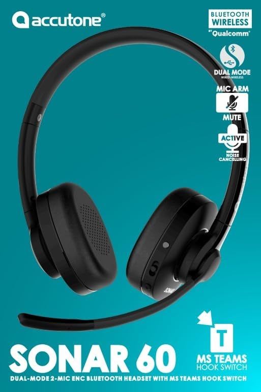 Accutone Sonar 60 Dual Bluetooth & USB langallinen headset melua vaimentavalla mikrofonilla, pitkä akunkesto PC/Mac-tietokoneille ja puhelimille
