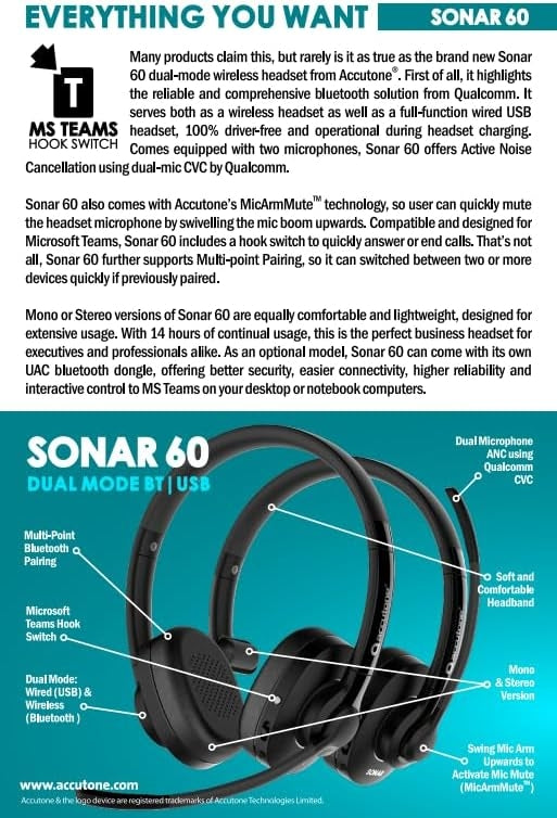 Accutone Sonar 60 Dual Bluetooth & USB langallinen headset melua vaimentavalla mikrofonilla, pitkä akunkesto PC/Mac-tietokoneille ja puhelimille