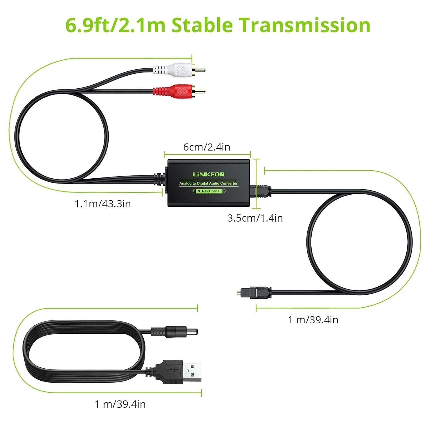 Analog to Digital Audio Converter RCA to Digital Toslink SPDIF Optical with Optical Cable