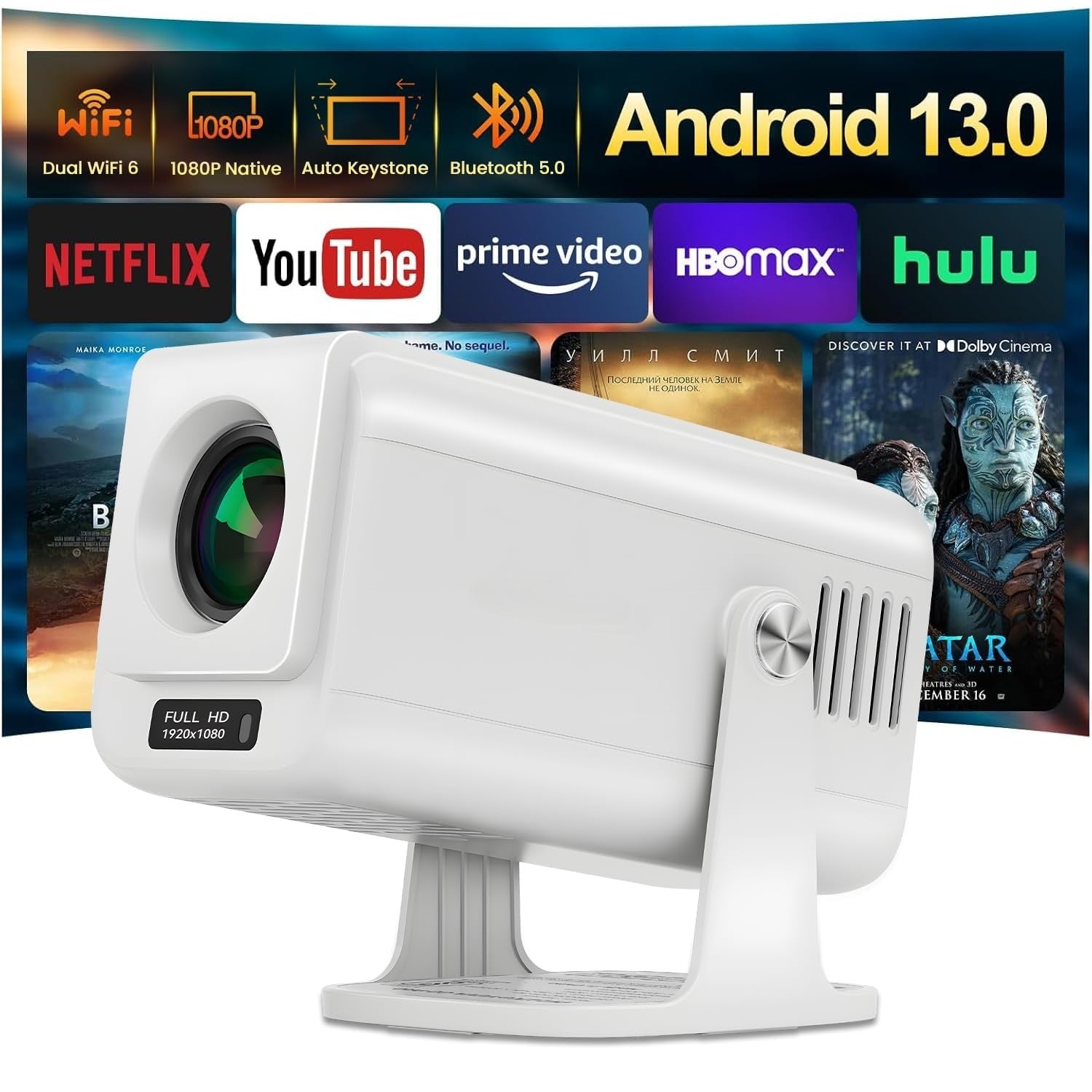 NÖRDIC Smart Projektori Android 13.0, Native 1080P, Auto Keystone, 300ANSI 4K HDR Tuki, Käännettävä Design WiFi 6 & BT, Näytön peilaus, ARC