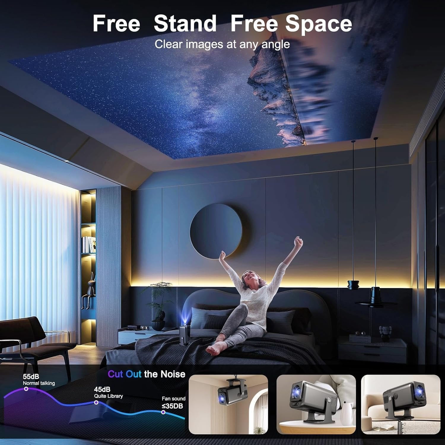 NÖRDIC Smart Projektori Android 13.0, Native 1080P, Auto Keystone, 300ANSI 4K HDR Tuki, Käännettävä Design WiFi 6 & BT, Näytön peilaus, ARC