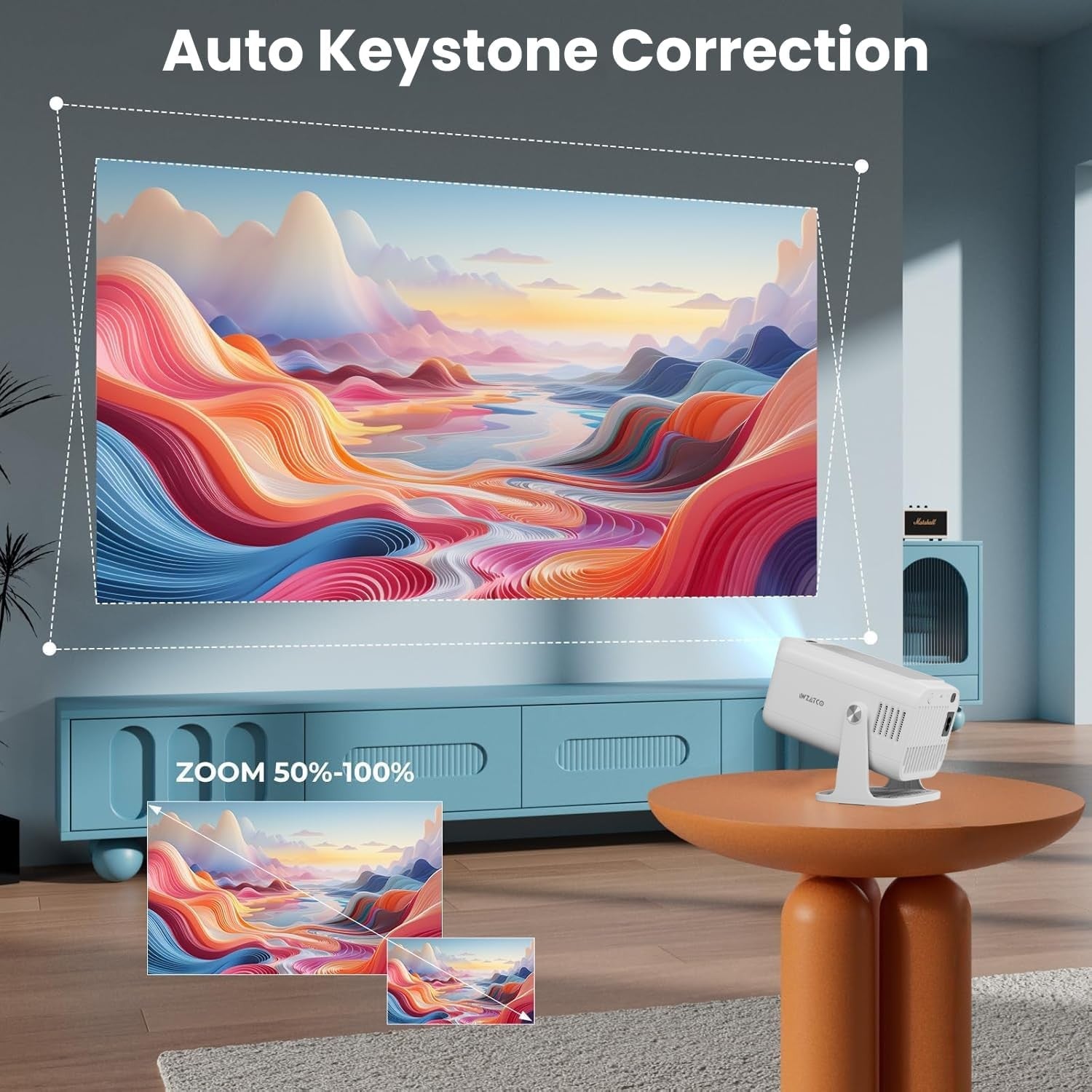 NÖRDIC Smart Projektori Android 13.0, Native 1080P, Auto Keystone, 300ANSI 4K HDR Tuki, Käännettävä Design WiFi 6 & BT, Näytön peilaus, ARC