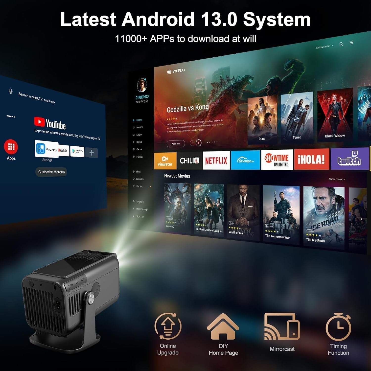 NÖRDIC Smart Projektori Android 13.0, Native 1080P, Auto Keystone, 300ANSI 4K HDR Tuki, Käännettävä Design WiFi 6 & BT, Näytön peilaus, ARC