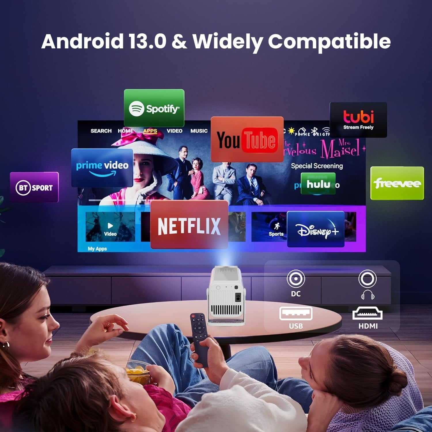 NÖRDIC Smart Projektori Android 13.0, Native 1080P, Auto Keystone, 300ANSI 4K HDR Tuki, Käännettävä Design WiFi 6 & BT, Näytön peilaus, ARC