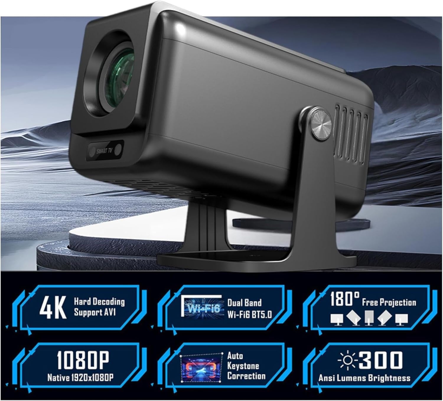 NÖRDIC Smart Projektori Android 13.0, Native 1080P, Auto Keystone, 300ANSI 4K HDR Tuki, Käännettävä Design WiFi 6 & BT, Näytön peilaus, ARC