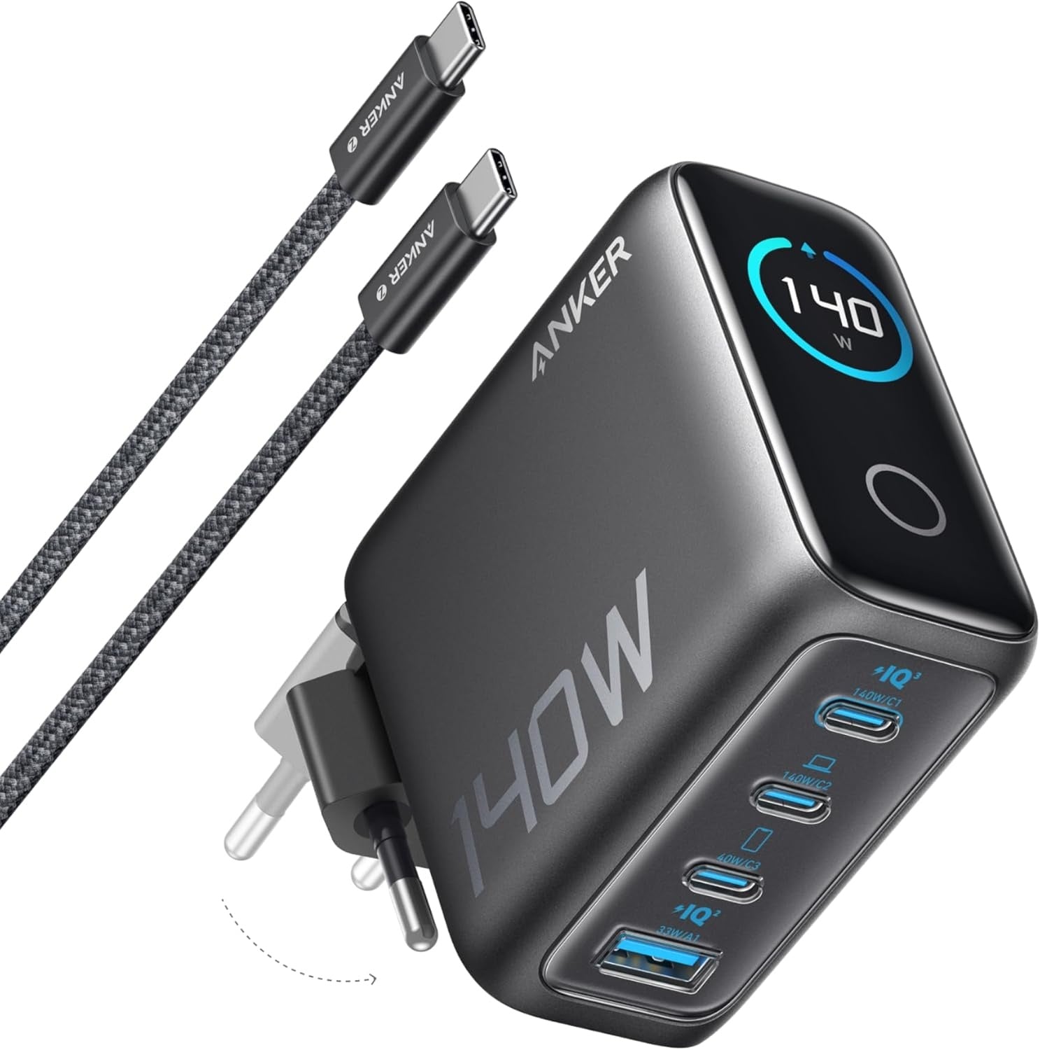 Anker 140W USB-C 4-Port Multi-Devices GaN-laturi, Touch Control, yhteensopiva MacBookin, iPhone 17/16/15:n, Samsungin, Pixelin ja muiden kanssa