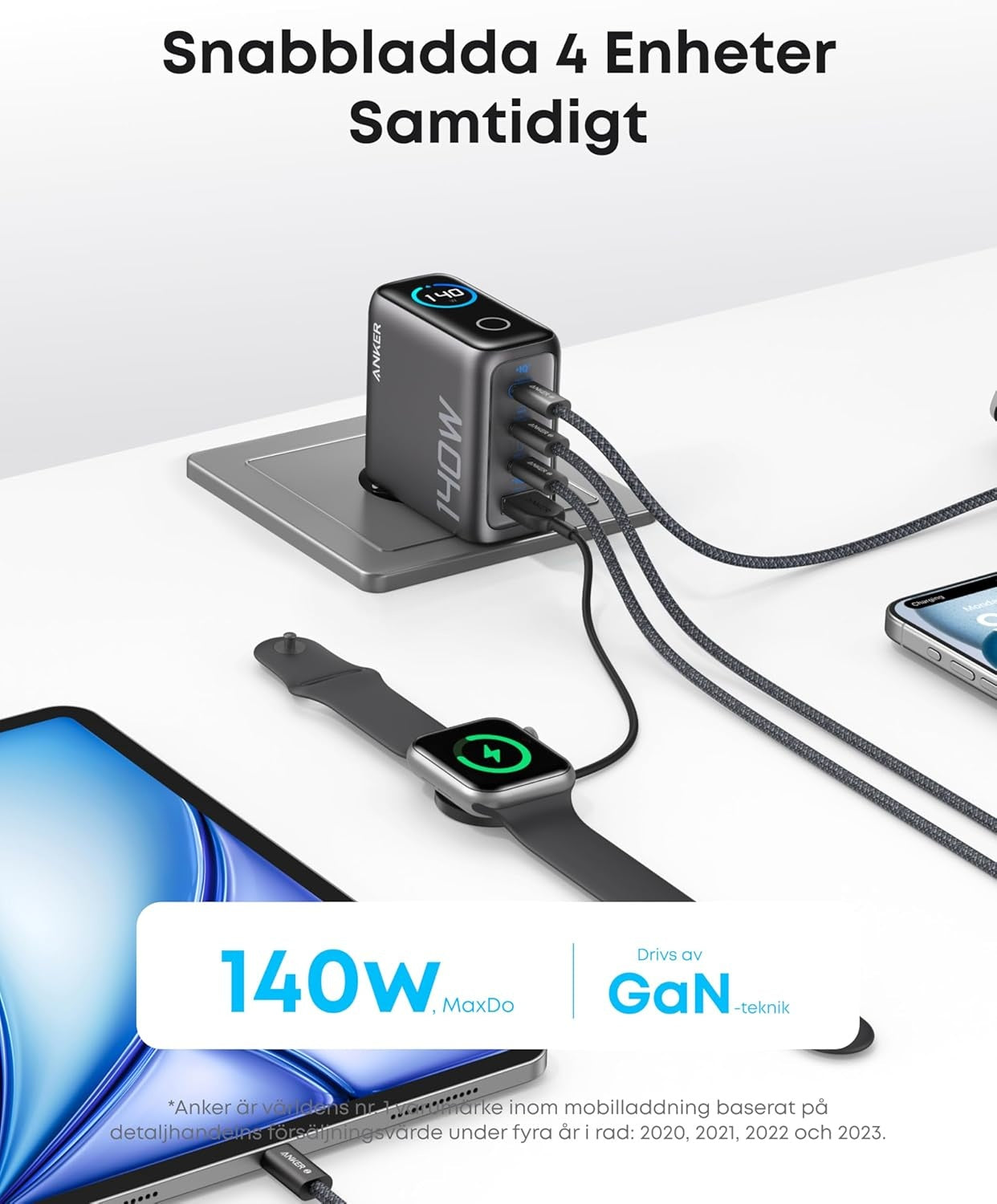 Anker 140W USB-C 4-Port Multi-Devices GaN-laturi, Touch Control, yhteensopiva MacBookin, iPhone 17/16/15:n, Samsungin, Pixelin ja muiden kanssa