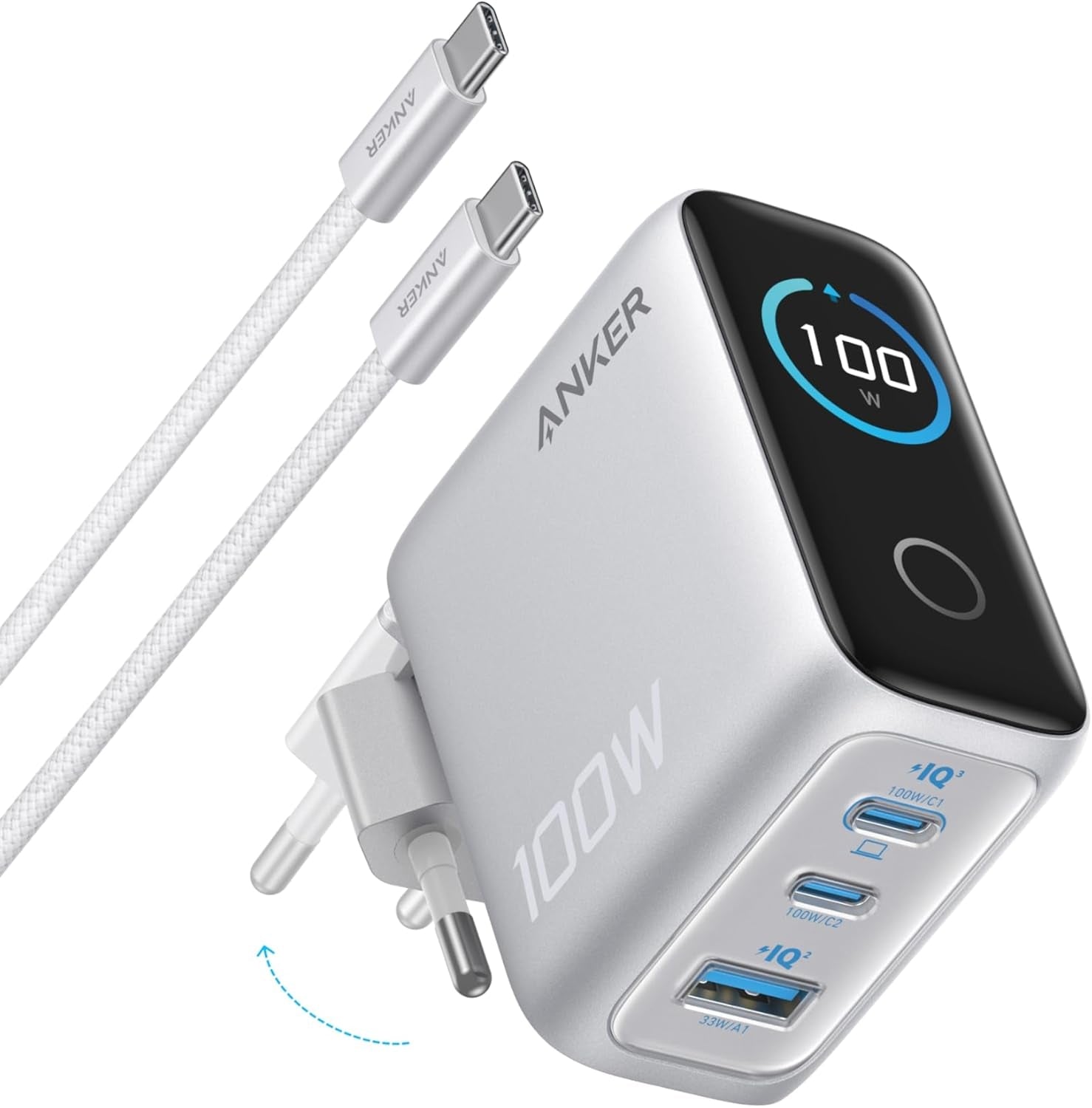 Anker 100 W USB-C Ultra-kompakti 3-porttinen GaN-pikalaturi älynäytöllä ja kosketusohjauksella