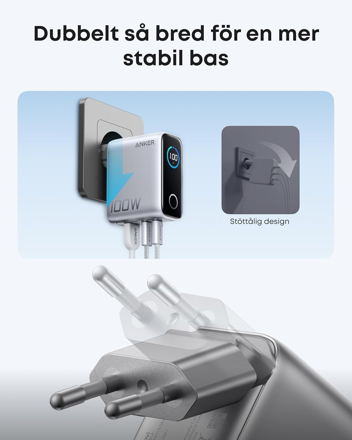 Anker 100 W USB-C Ultra-kompakti 3-porttinen GaN-pikalaturi älynäytöllä ja kosketusohjauksella