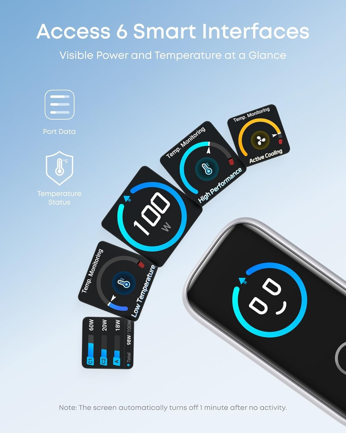 Anker 100 W USB-C Ultra-kompakti 3-porttinen GaN-pikalaturi älynäytöllä ja kosketusohjauksella