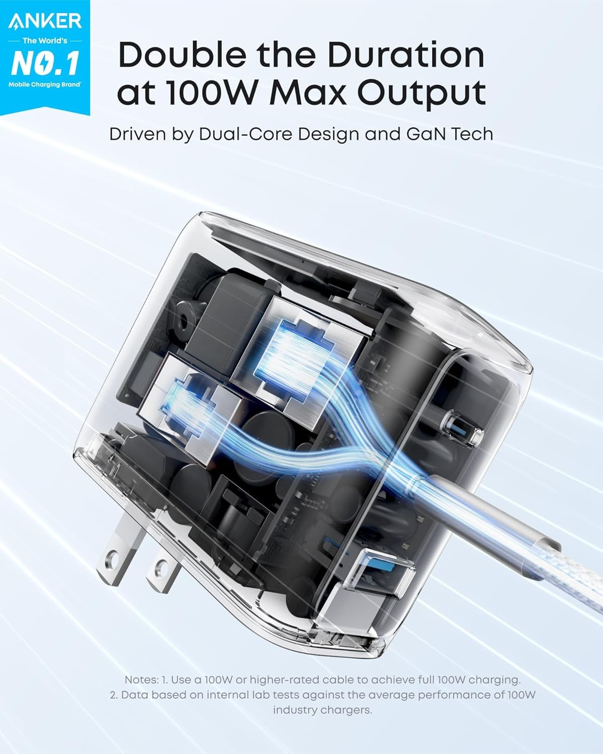 Anker 100 W USB-C Ultra-kompakti 3-porttinen GaN-pikalaturi älynäytöllä ja kosketusohjauksella
