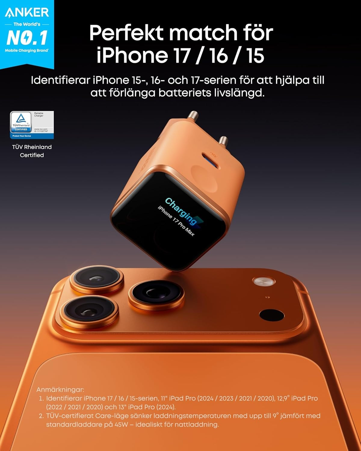 Anker Nano 45W Smart Display USB-C -laturi 45W, Oranssi