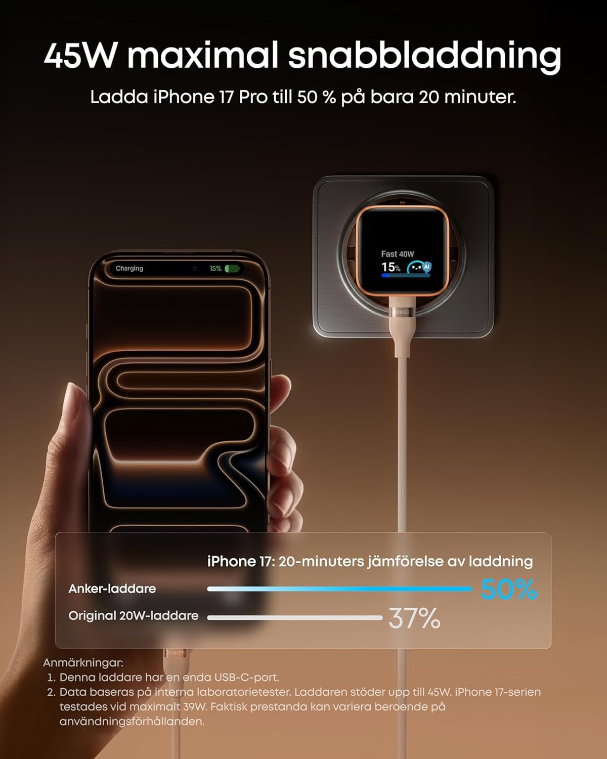 Anker Nano 45W Smart Display USB-C -laturi 45W, valkoinen