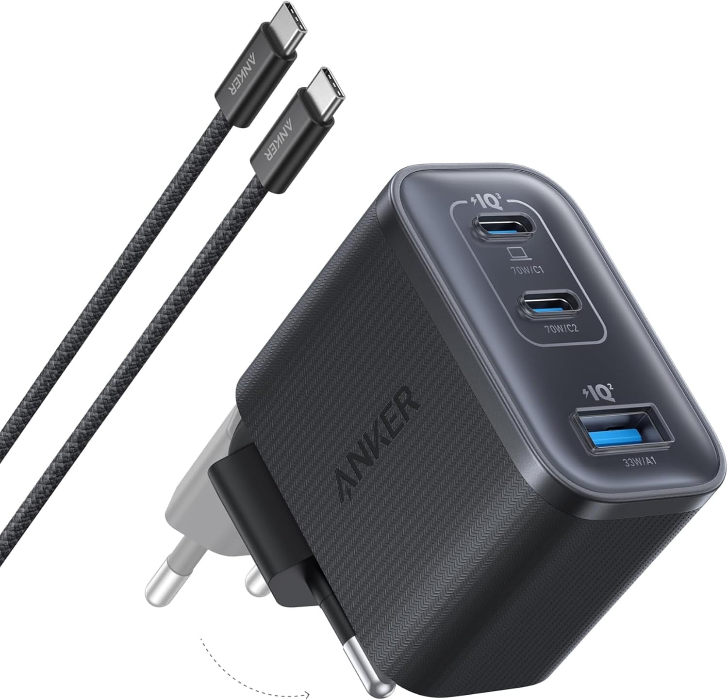 Anker Nano 70W USB-C -laturi, 3-porttinen virtasovitin, jossa erittäin nopea 70W lataus