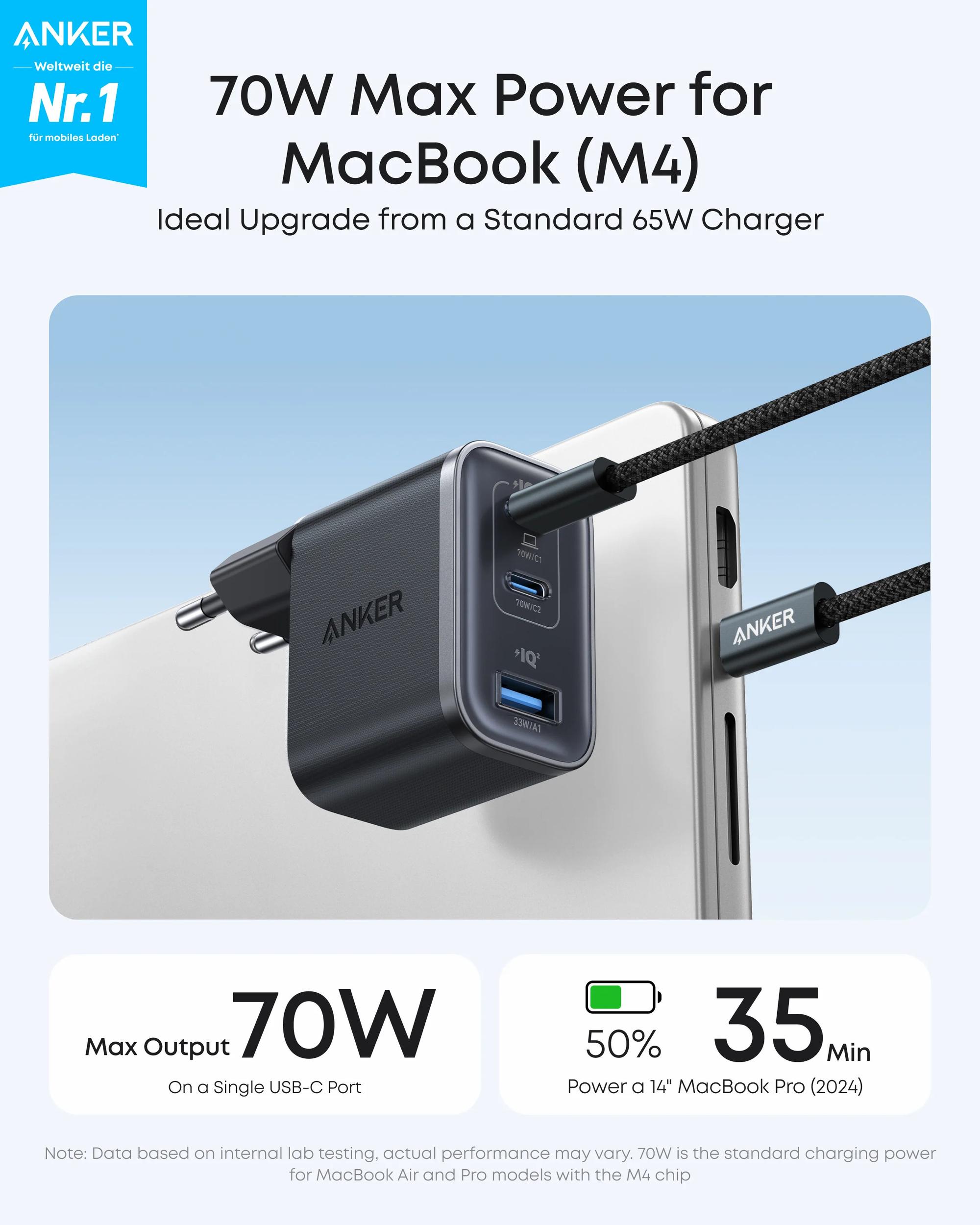 Anker Nano 70W USB-C -laturi, 3-porttinen virtasovitin, jossa erittäin nopea 70W lataus