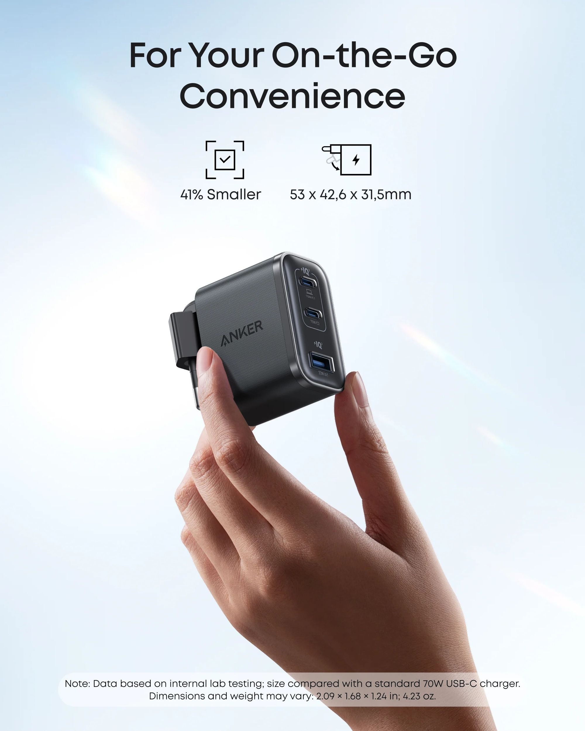 Anker Nano 70W USB-C -laturi, 3-porttinen virtasovitin, jossa erittäin nopea 70W lataus