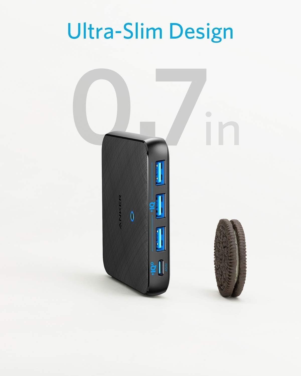 Anker PowerPort Atom III Slim GaN Seinälaturi, 3XUSB-A 1XUSB-C porttia 65W maks, 4-porttinen, PIQ 3.0, kannettaville tietokoneille, tableteille ja älypuhelimille