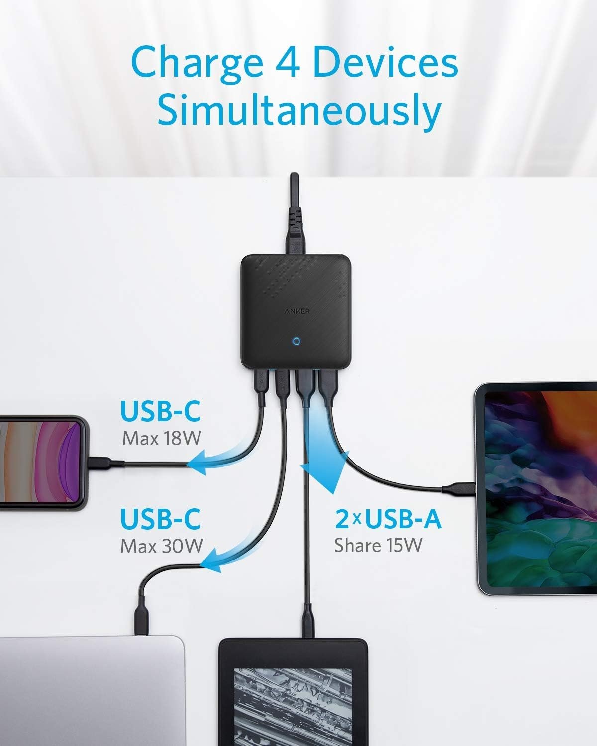 Anker PowerPort Atom III Slim seinälaturi, Kaksois USB-C-portit ja Kaksois USB-A-portit (65W Maksimi), PIQ 3.0, GaN-materiaali.
