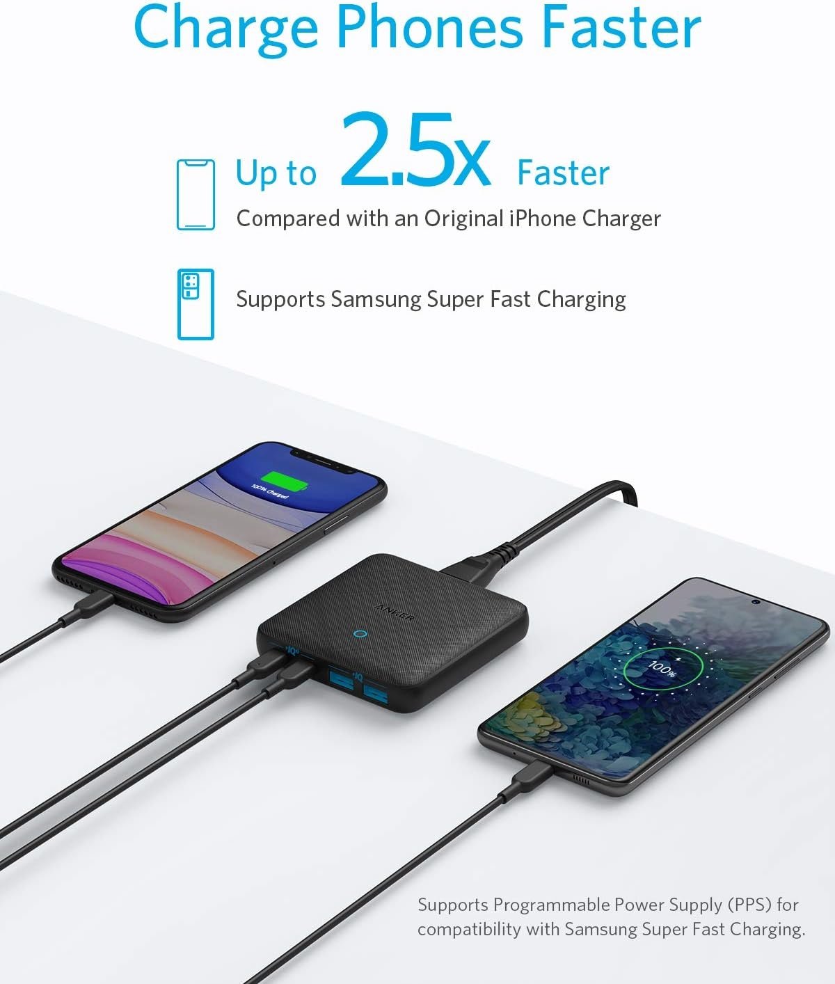 Anker PowerPort Atom III Slim seinälaturi, Kaksois USB-C-portit ja Kaksois USB-A-portit (65W Maksimi), PIQ 3.0, GaN-materiaali.