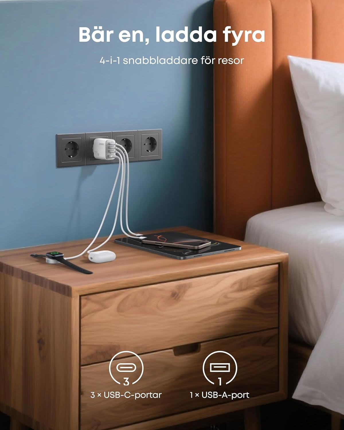 Anker Zolo Ultra Fast 70W USB-C 4-Port laturi, kompakti ja vakaa iPhone 16/15, MacBook Air, iPad, Pixel, Galaxy -laitteille