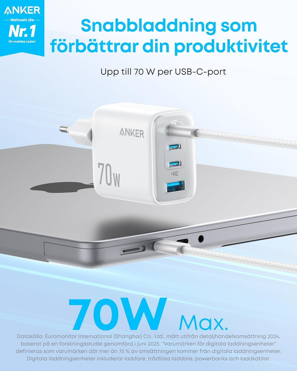 Anker Zolo Ultra Fast 70W USB-C 4-Port laturi, kompakti ja vakaa iPhone 16/15, MacBook Air, iPad, Pixel, Galaxy -laitteille