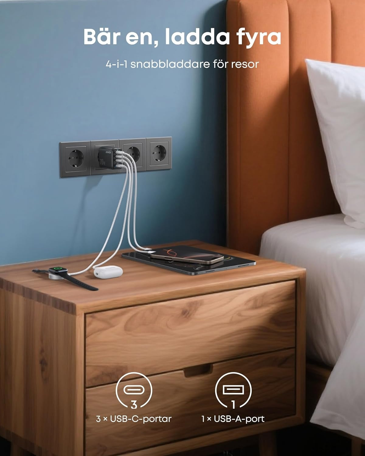 Anker Zolo Ultra Fast 70W USB-C 4-Port laturi, kompakti ja vakaa iPhone 16/15, MacBook Air, iPad, Pixel, Galaxy -laitteille